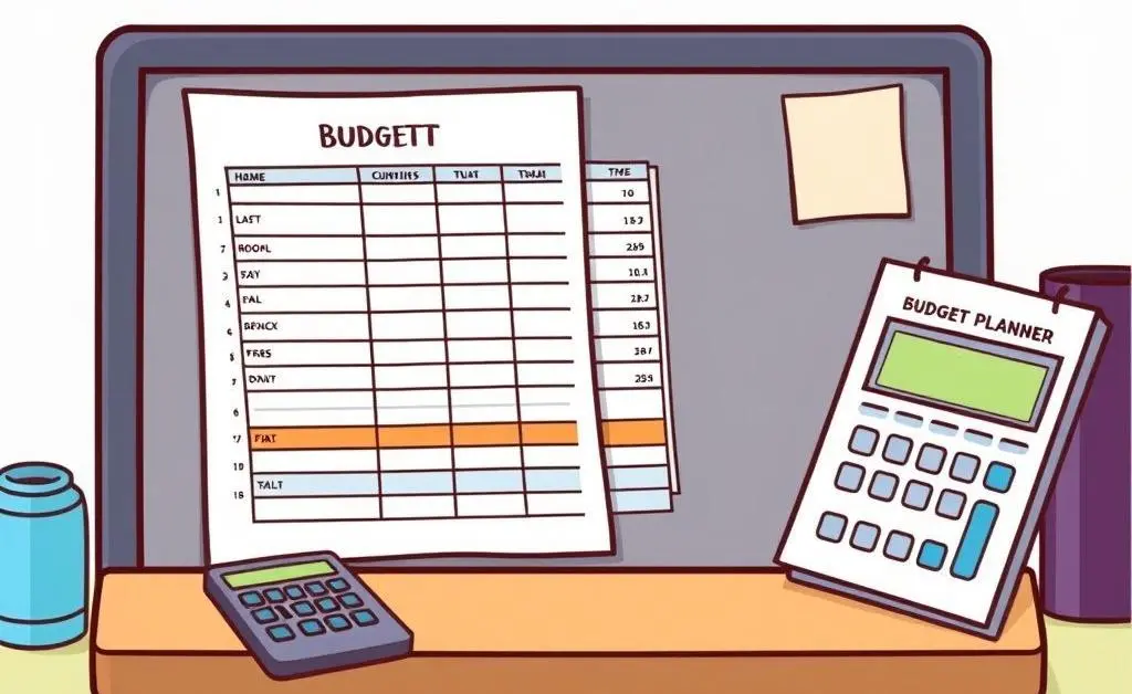 A cartoon-style image of a desk with a detailed budget planner and a calculator