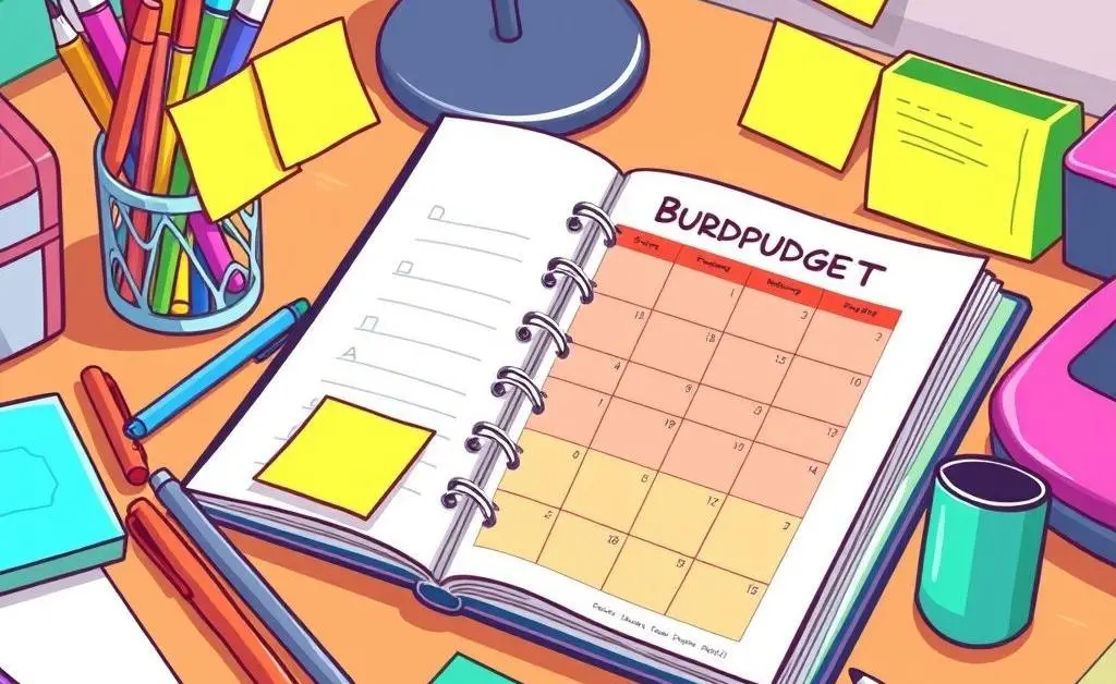 Colorful budget planner on a desk with pens and sticky notes.