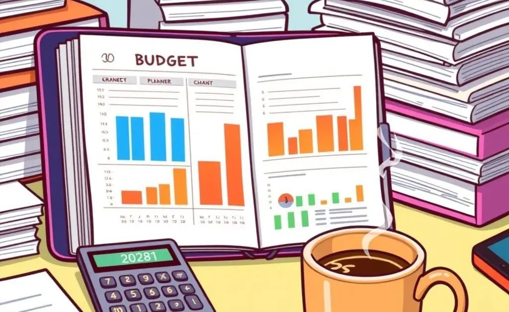 Scene of a tidy desk with a budget planner and calculator representing financial planning