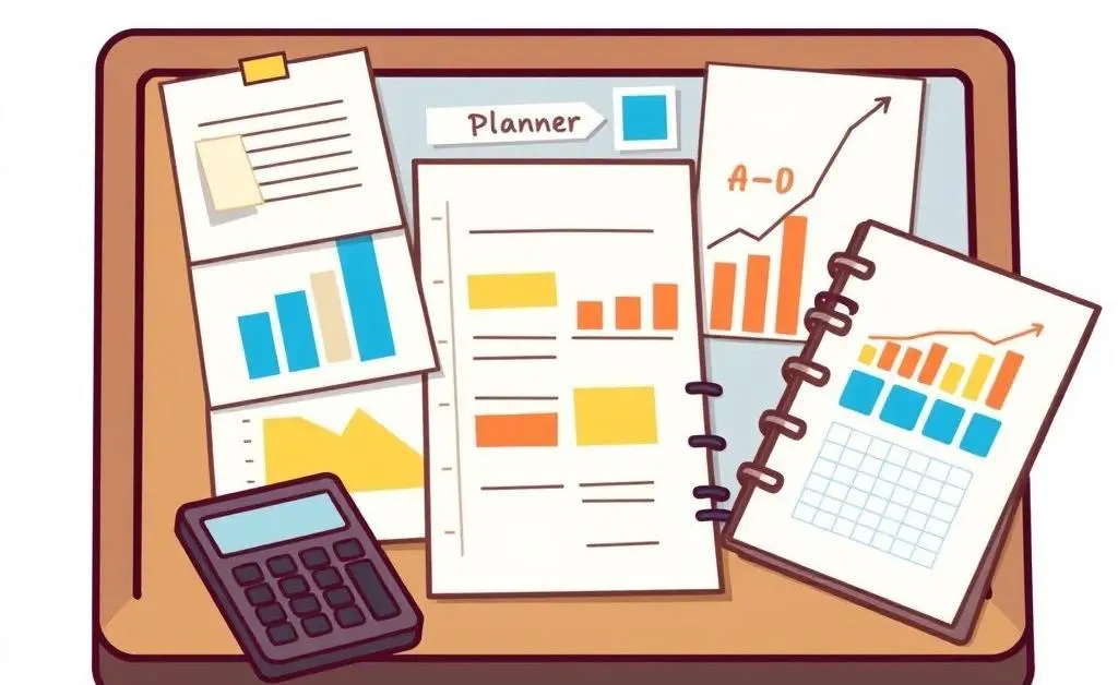Planner with notes, graphs, and a calculator on a desk