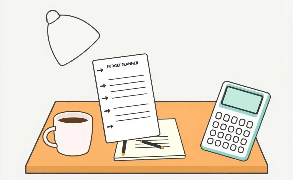 A desk with a budget planner and a calculator.