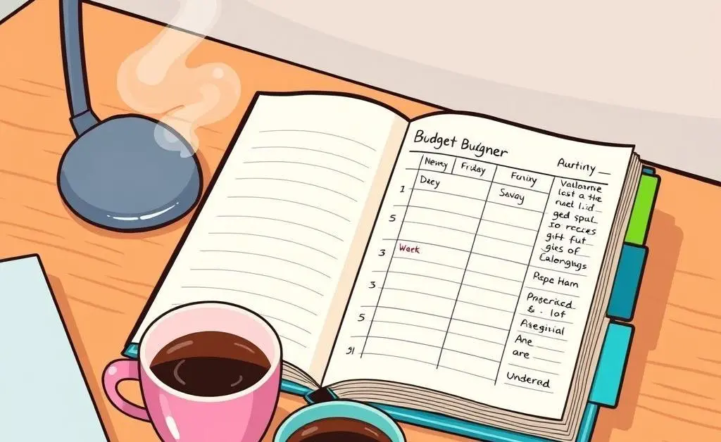 A cartoon image showing a neat desk with a simple budget planner and a cup of coffee.