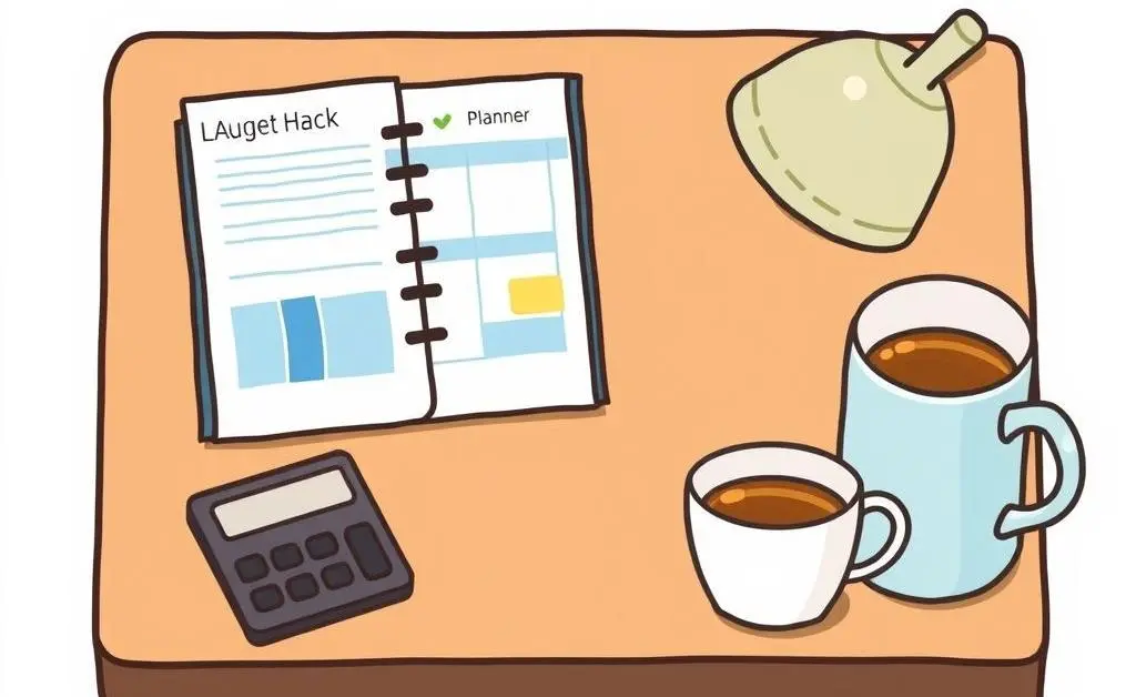 A cartoon illustration of a desk with a budget planner, calculator, and a cup of tea.