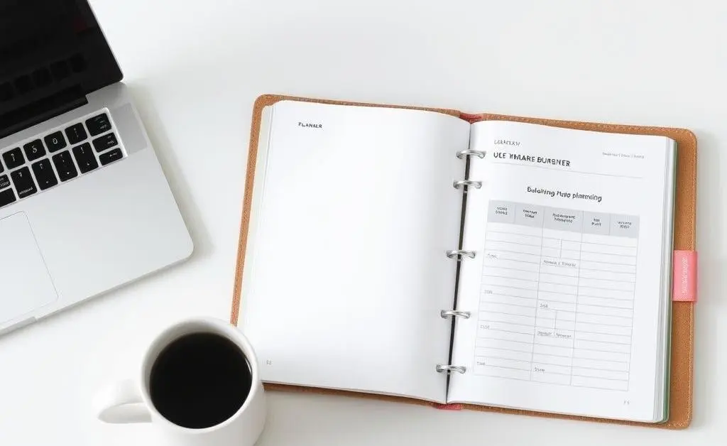 A minimalist workspace with a laptop, coffee mug, and planner open to a budgeting page.