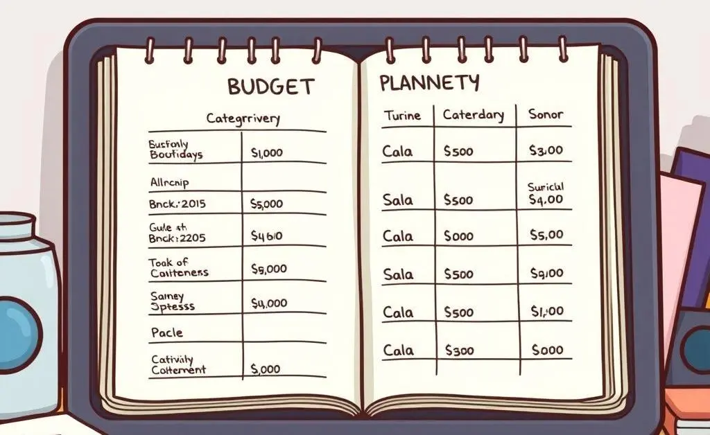 Cartoon-style budget planner on a desk