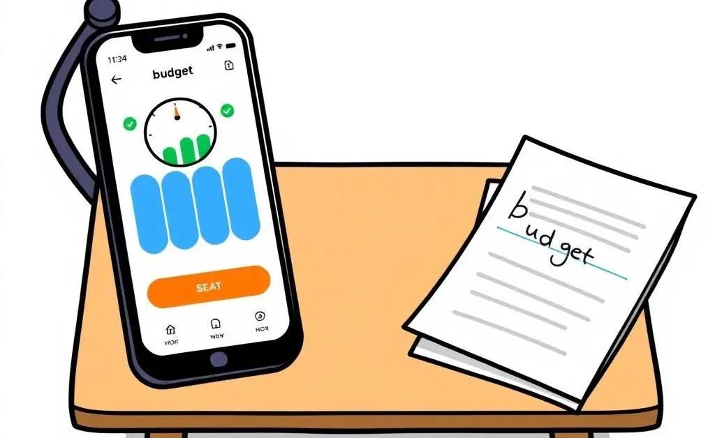 A desk with a smartphone displaying a budget app