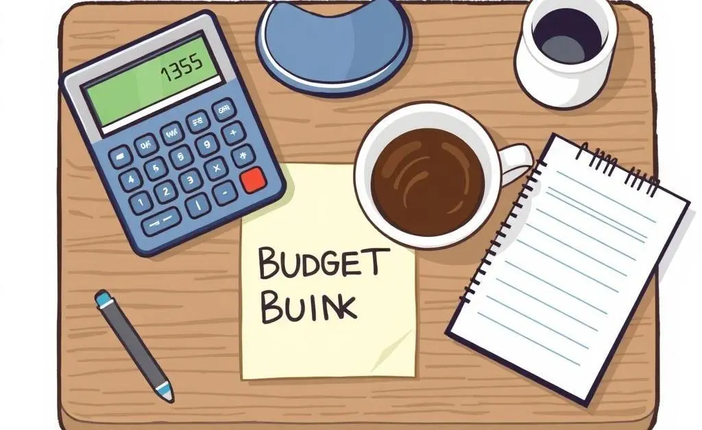 A desk with budget planning tools such as a calculator and notepad.