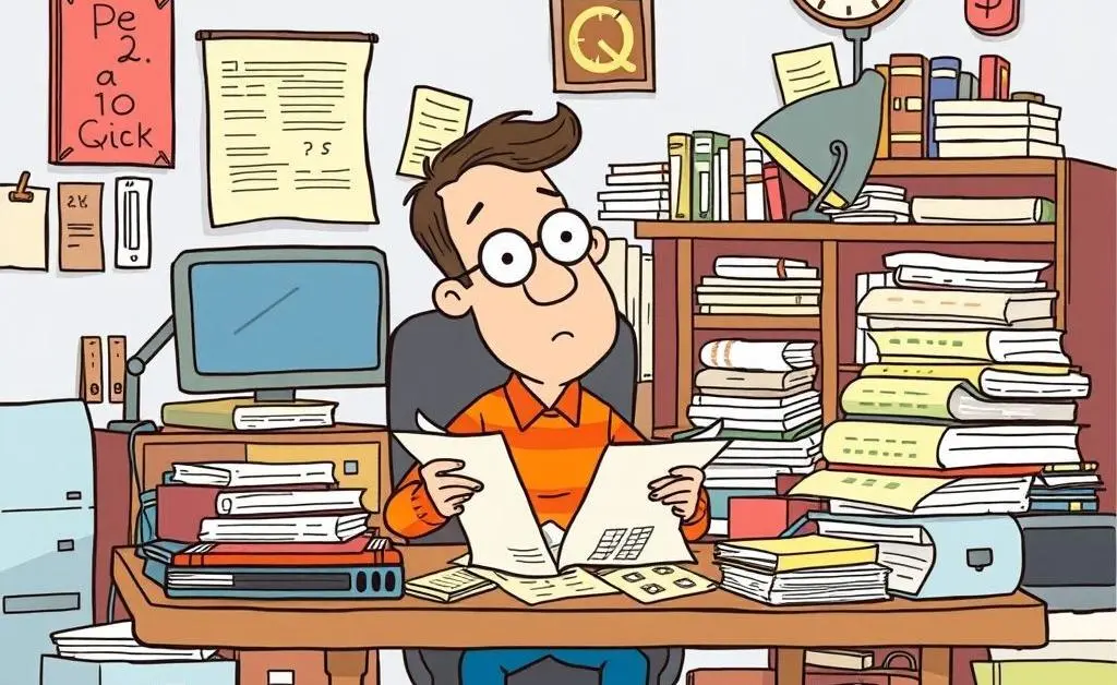 Cartoon of a person organizing their budget at a cluttered but vibrant desk