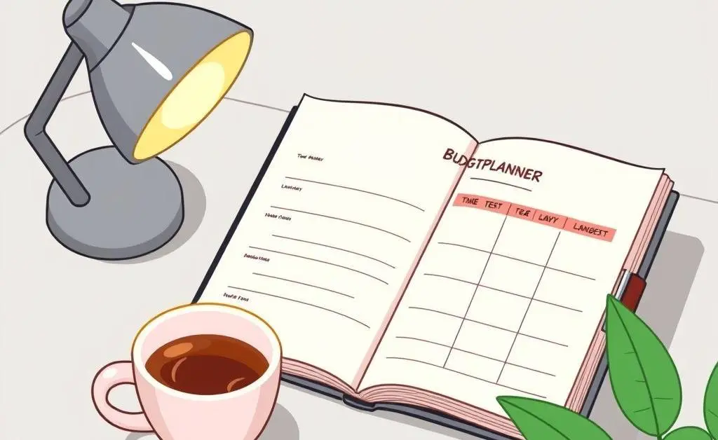 A cartoon-style desk with a neat budget planner open.