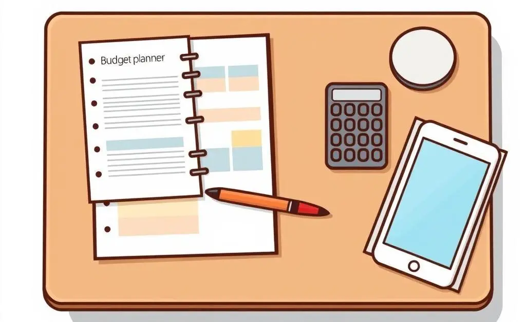 A cartoon-style image of a neat desk with a budget planner, pen, calculator, and a smartphone.