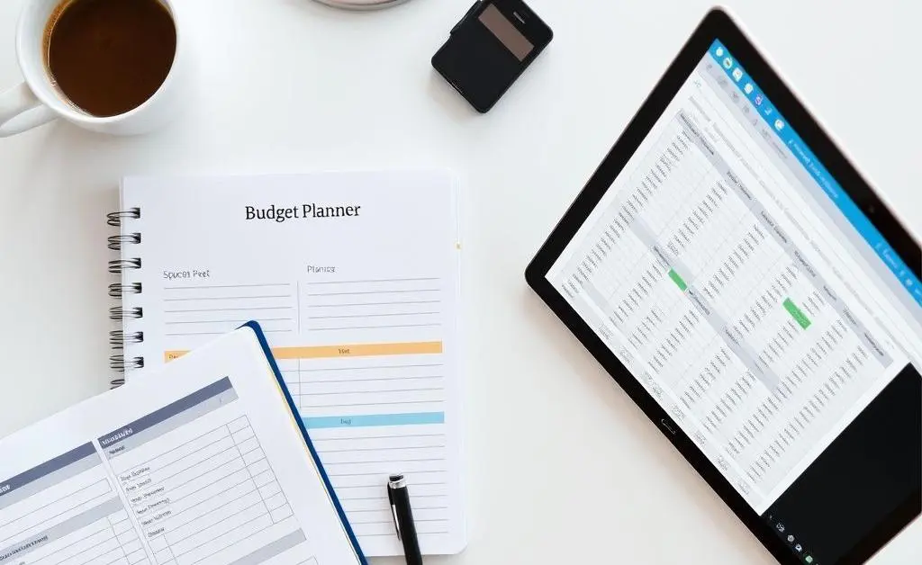 A neat desk with a budget planner, a cup of coffee, and a laptop open to a finance spreadsheet.