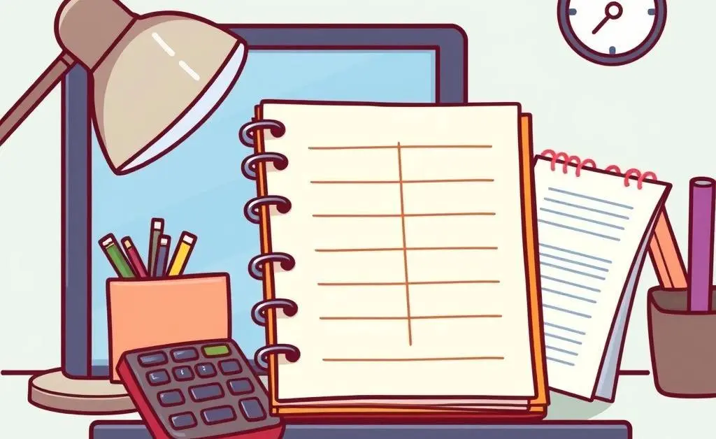 Cartoon-style workspace with a planner and calculator, symbolizing career planning.