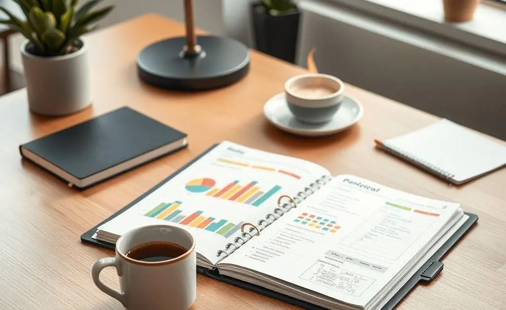 A stylish desk with an open budget planner and a cup of coffee.
