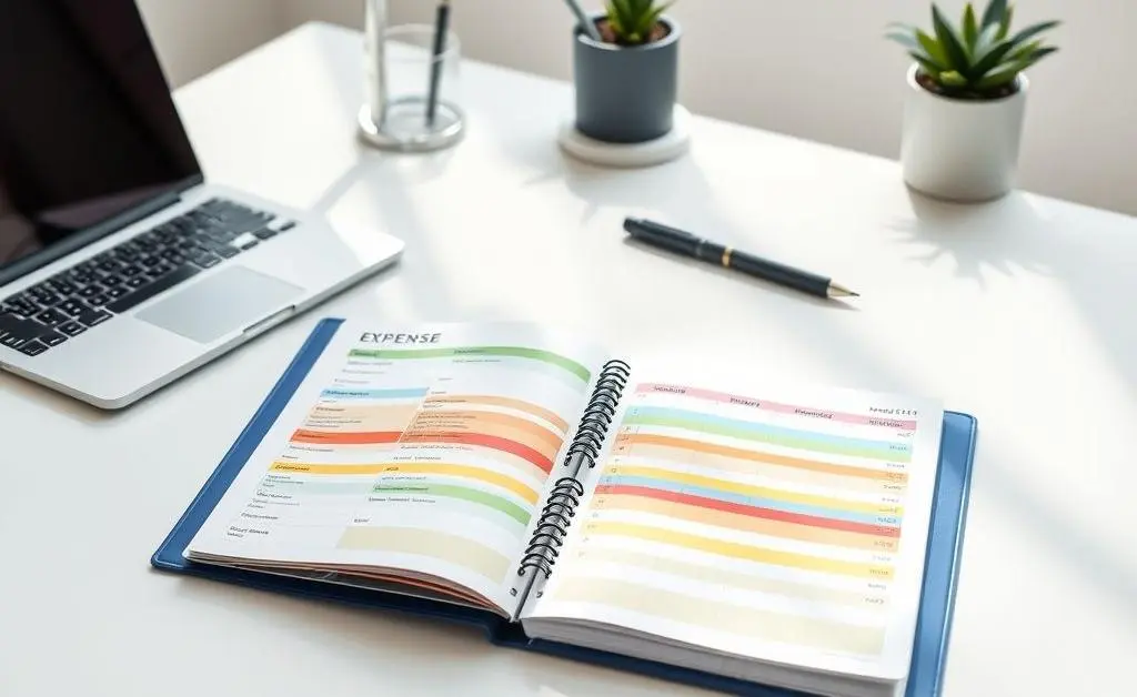 A clean and organized desk with a color-coded budget planner, showing a calm workspace for financial planning.