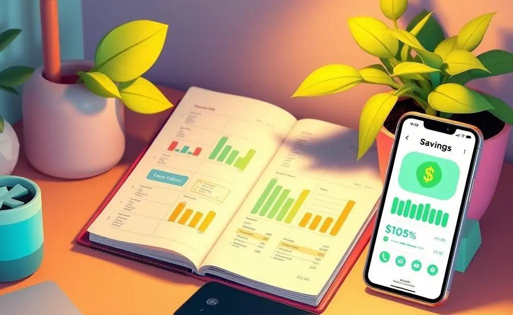 A cartoon-style desk with a budget planner and smartphone app showing savings.