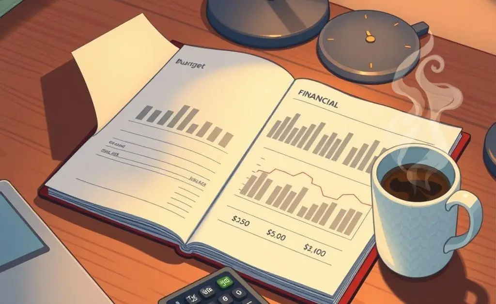 Illustration of a desk with a budget planner, calculator, and coffee cup.