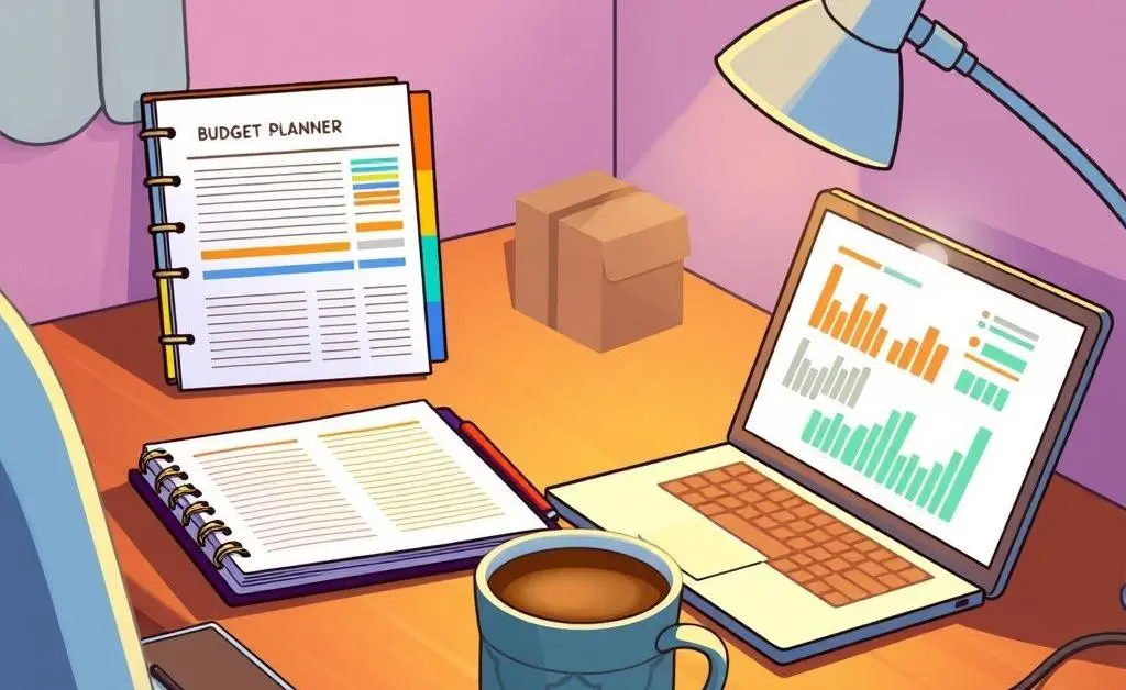 A desk with a budget planner, laptop, and coffee cup