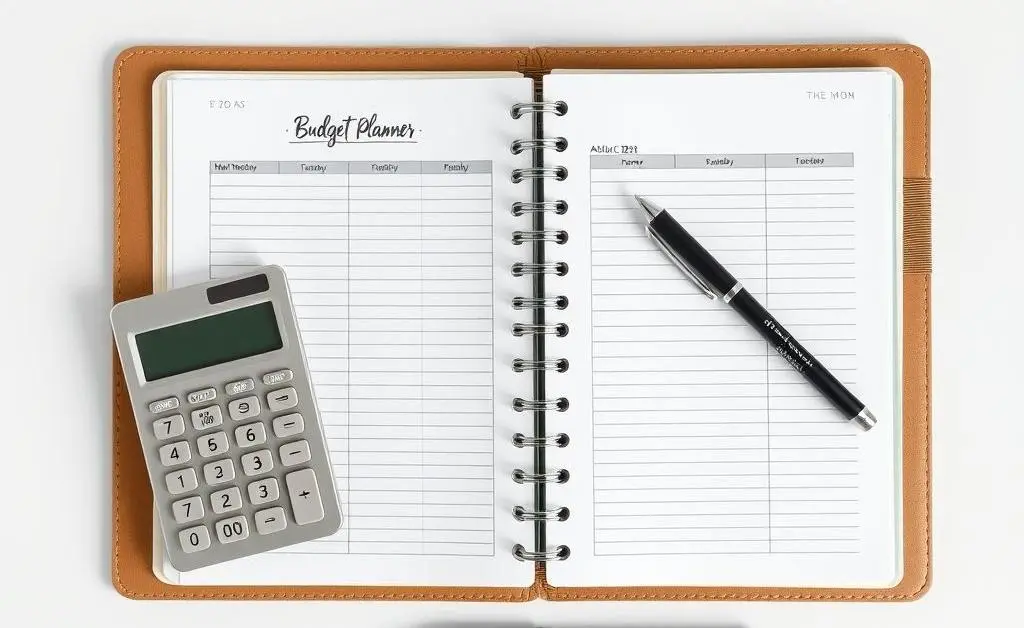 A tidy desk with a budget planner, calculator and pen highlighting financial planning organization.
