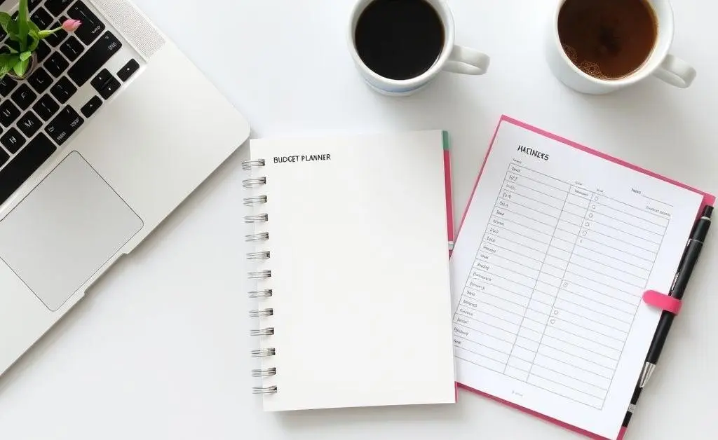 A clean, organized workspace with a budget planner, laptop, and coffee mug