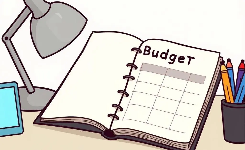 A cartoon of a desk with an open budget planner, notebook, and colorful pens.