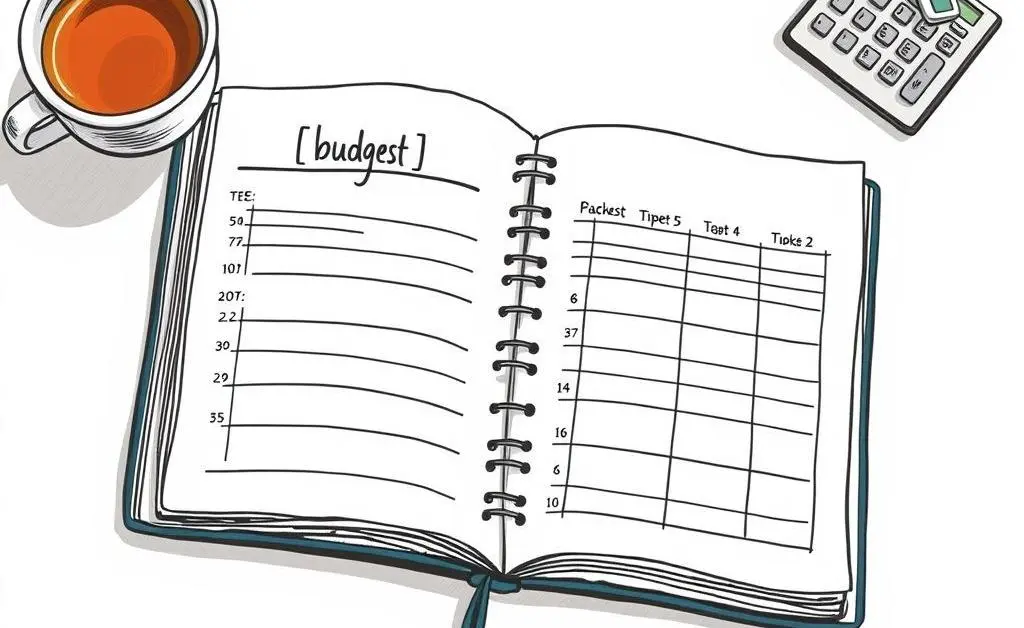 An open planner showing a budget on a desk next to tea