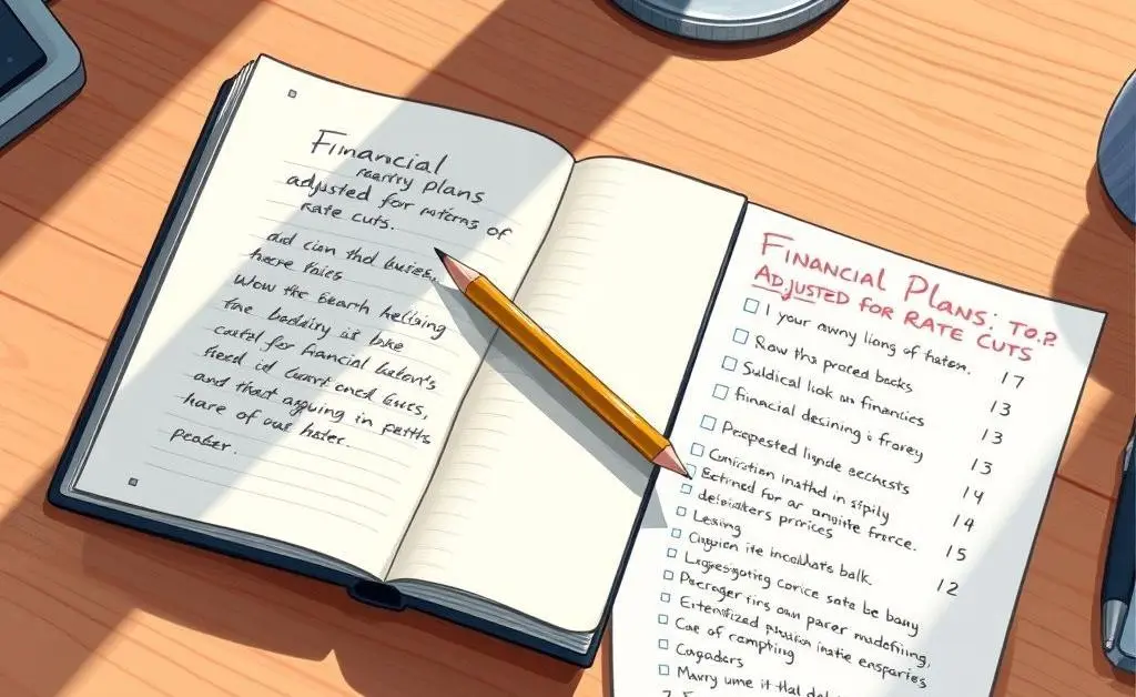 Desk with a notebook showing financial plans adjusted for rate cuts