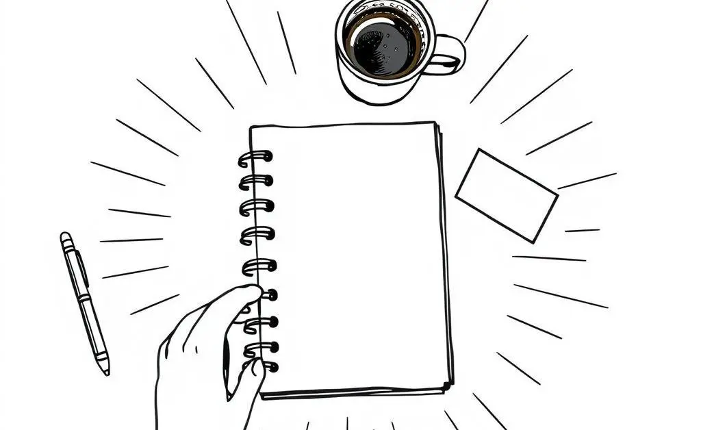 Desk setup with a notebook, coffee, and credit cards