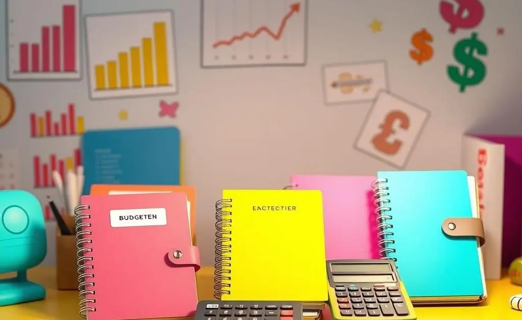 An organized desk with budget planners and calculators in a cartoon style.