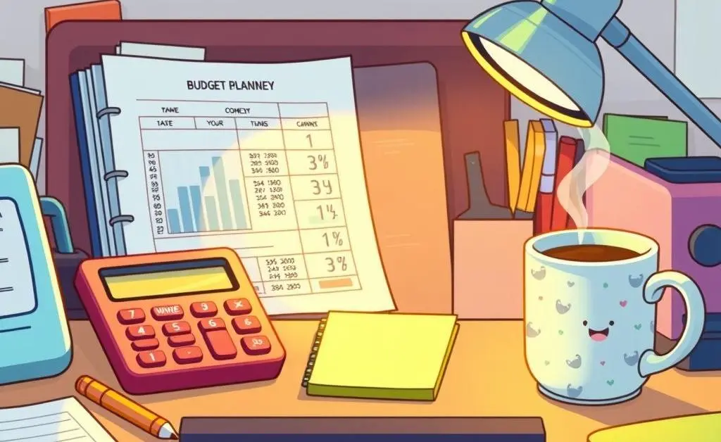 A desk with budget planner, calculator, and coffee cup