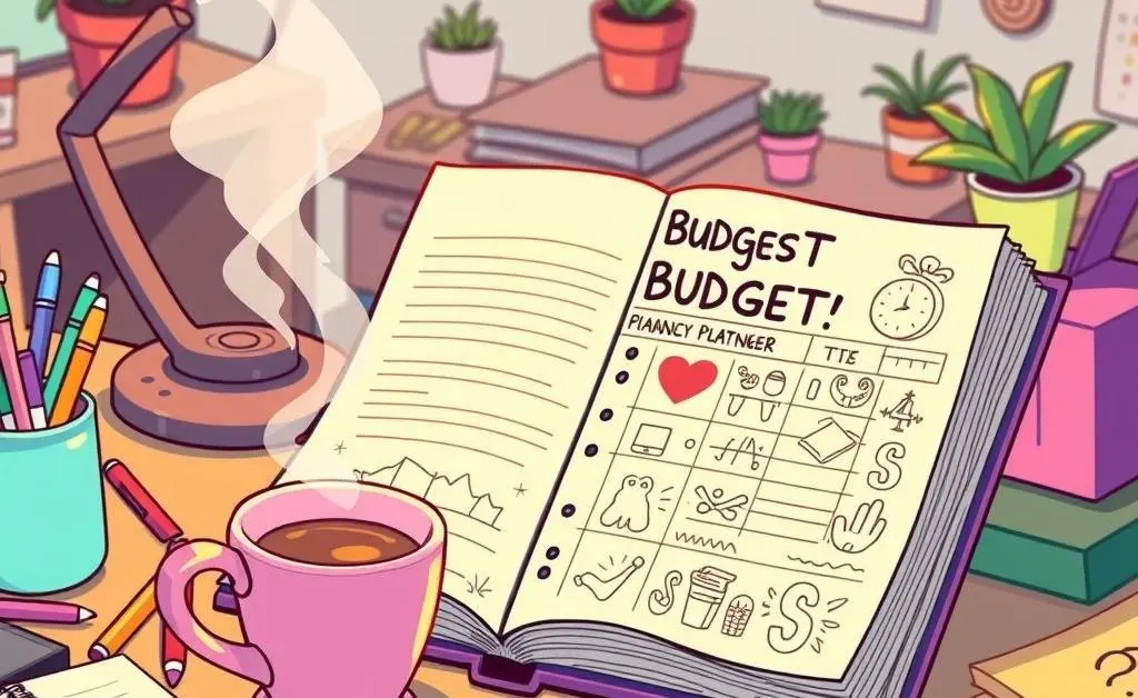 A cartoonish budget planner open on a desk with coffee and pens.