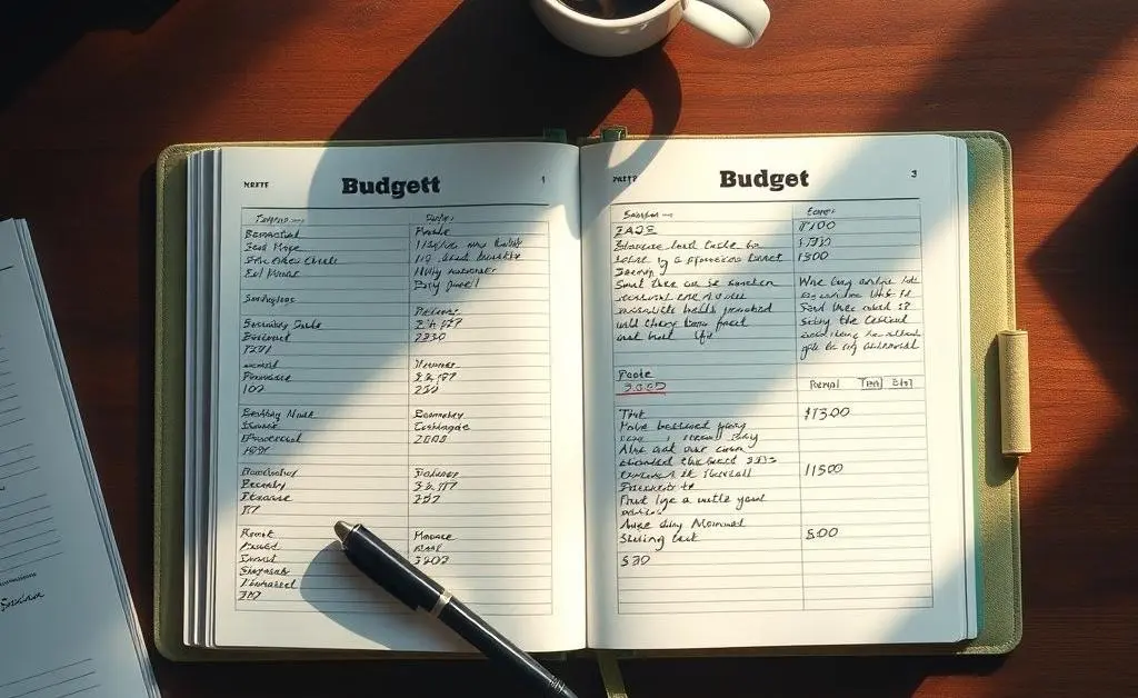A top-view of a desk with a budget planner, pen, and a cup of coffee