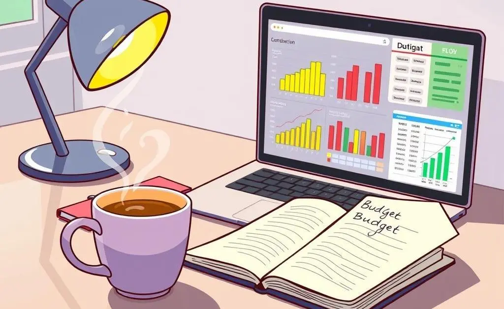 A desk with a budget planner and coffee