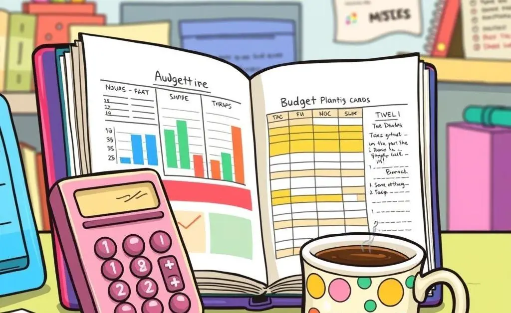 A desk with budget planner tools.
