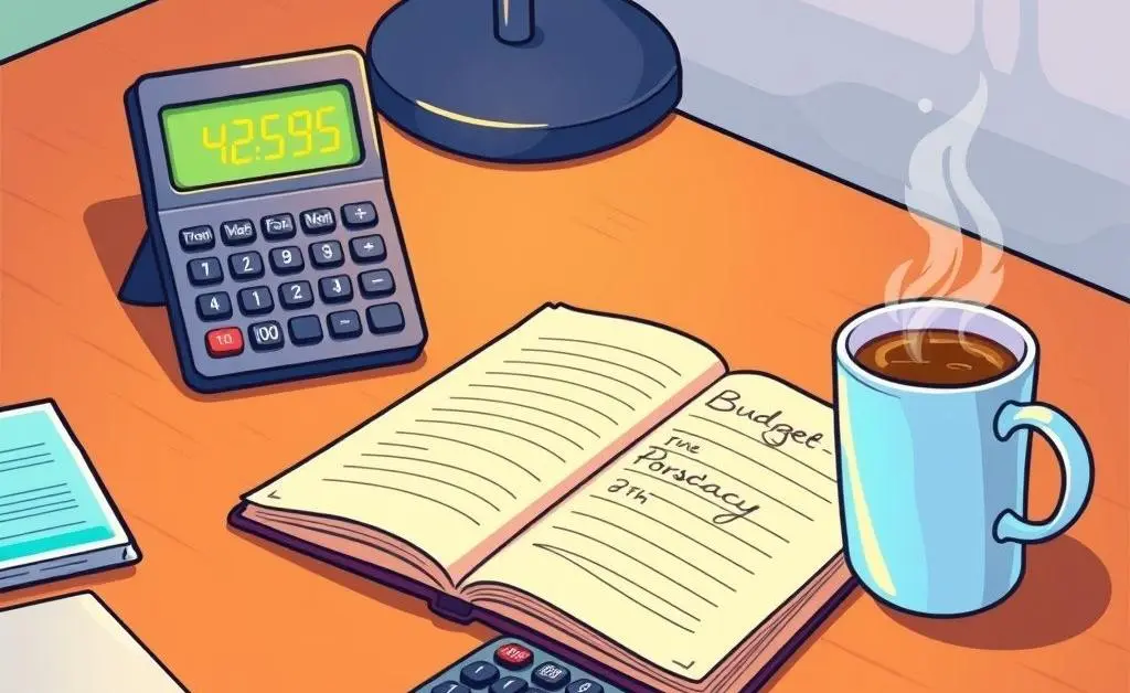 Cartoon of a desk with budgeting items