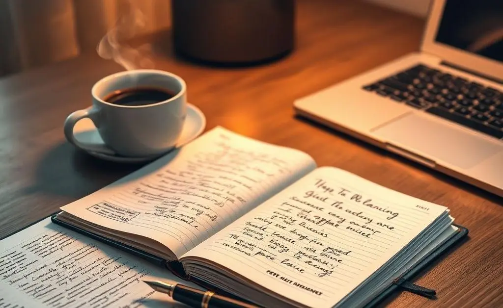 A desk with an open planner, a coffee cup, a fancy pen, and a laptop, signifying balanced spending planning with a personal touch