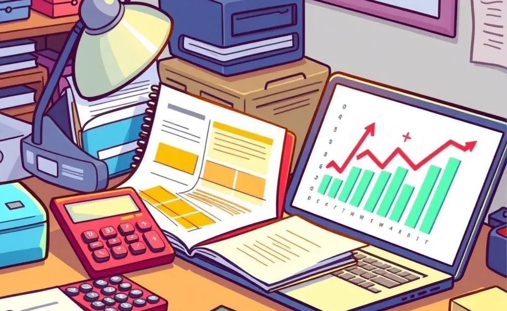 A cartoon-style image of a desk with a budget planner, calculator, and laptop open to financial graphs.