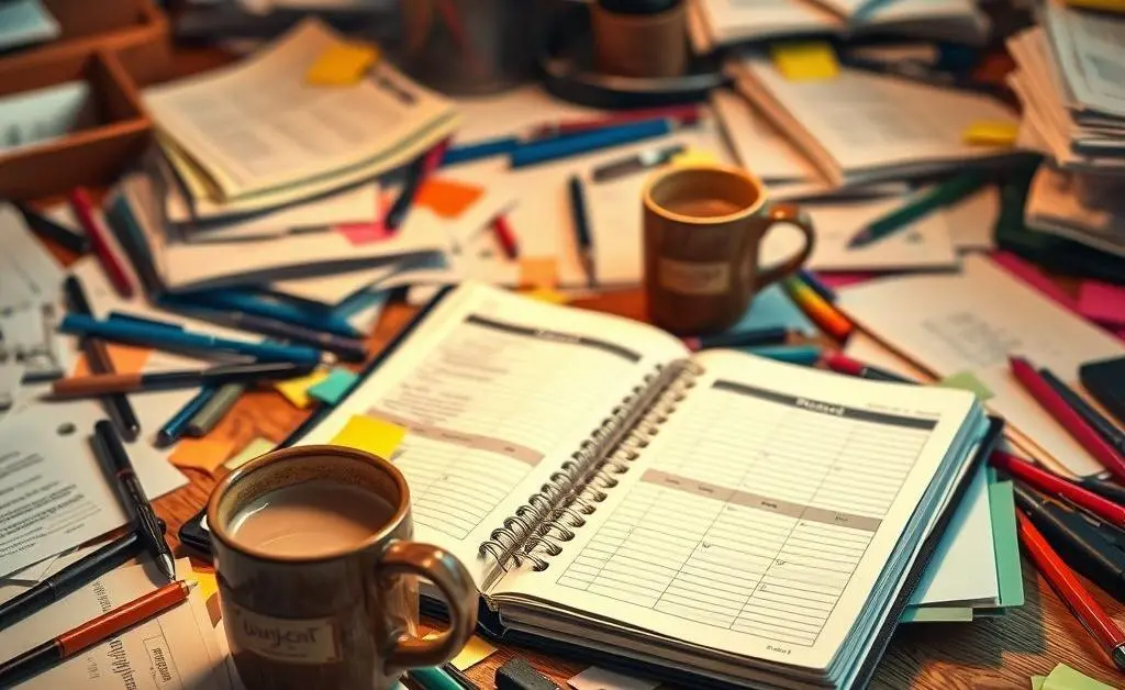 A cluttered desk with a budget planner and coffee mug
