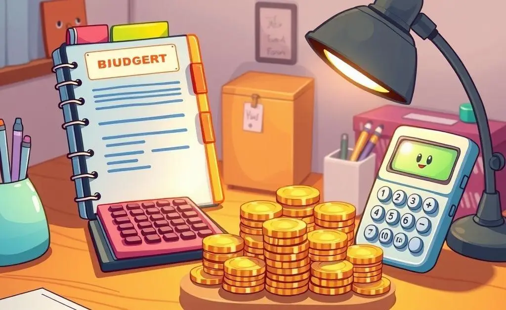 A cartoon-style desk with a budget planner, calculator, and stack of coins