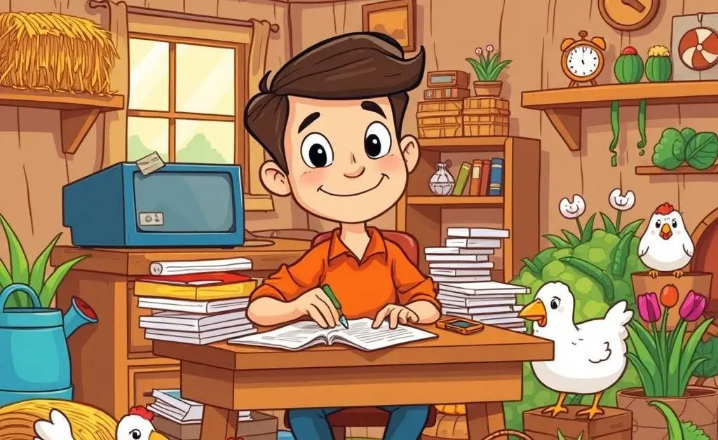 Cartoon of a person budgeting at a desk with farm elements around them.