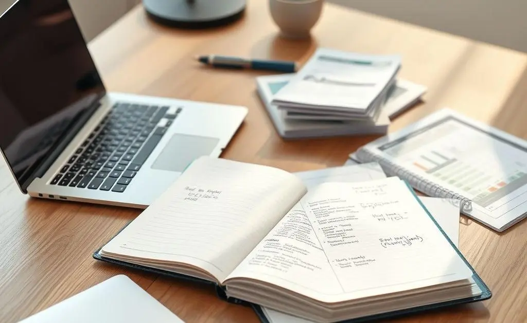 A neat desk with a laptop, a planner, and financial documents for planning a budget