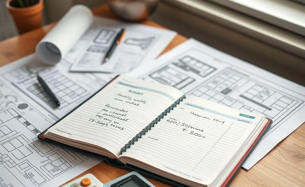 A desk with a budget planner open, surrounded by renovation plans and a calculator