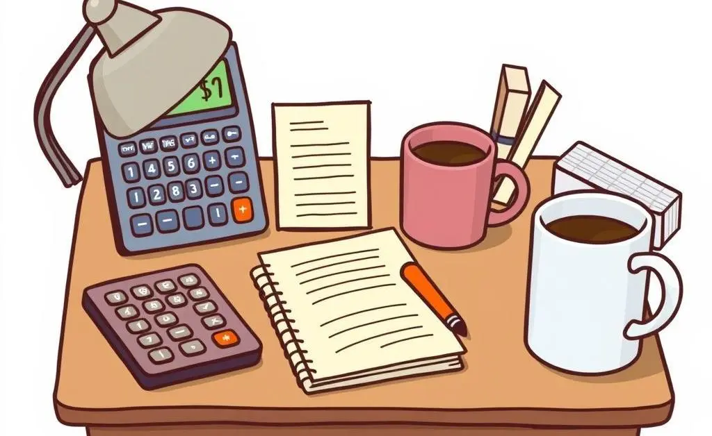 A cartoon of a desk filled with budgeting tools: calculator, notebook, and coffee mug.