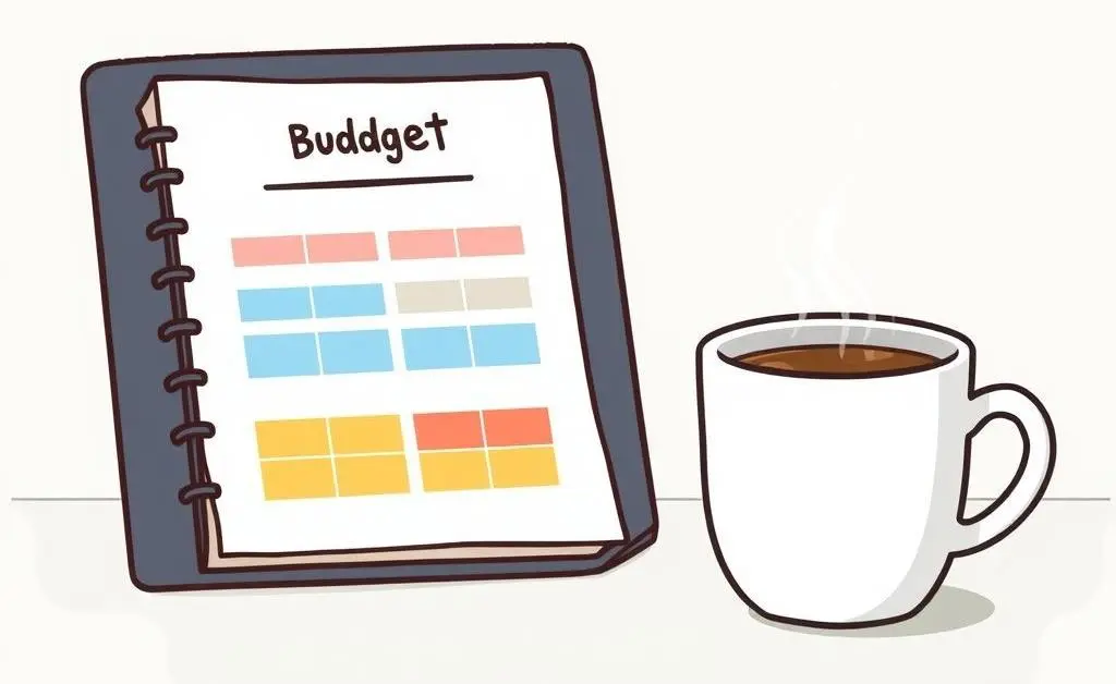 A cartoon-style illustration of a desk with a budget planner and a steaming cup of coffee.