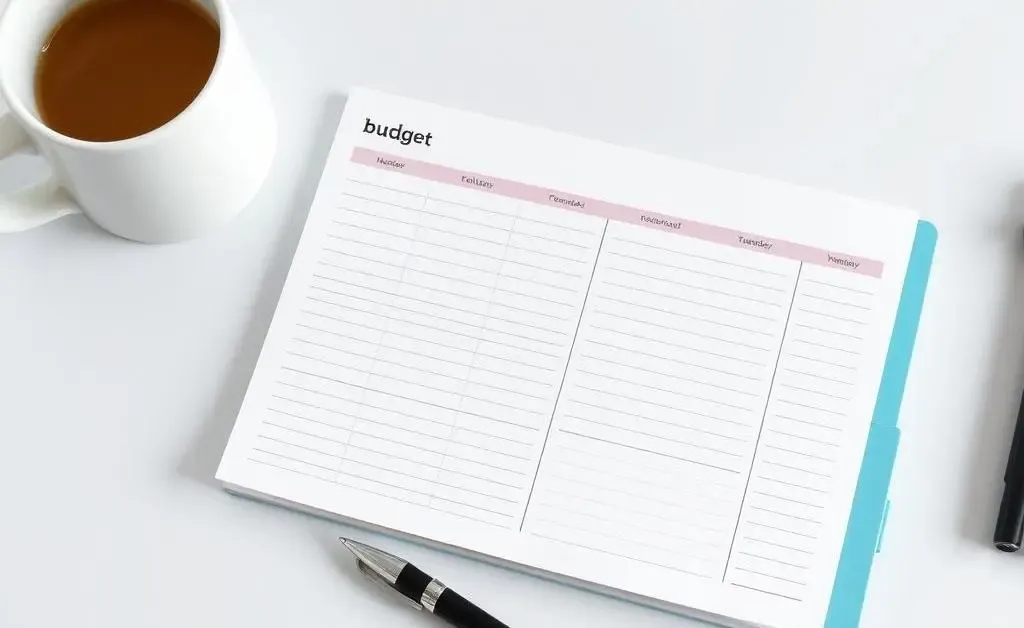 A desk setup with a budget planner, pen, and coffee cup.