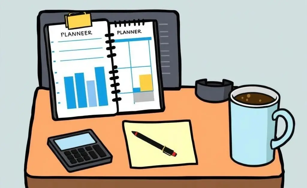 Desk with budget planner and coffee cup, depicting planning for Coast FIRE