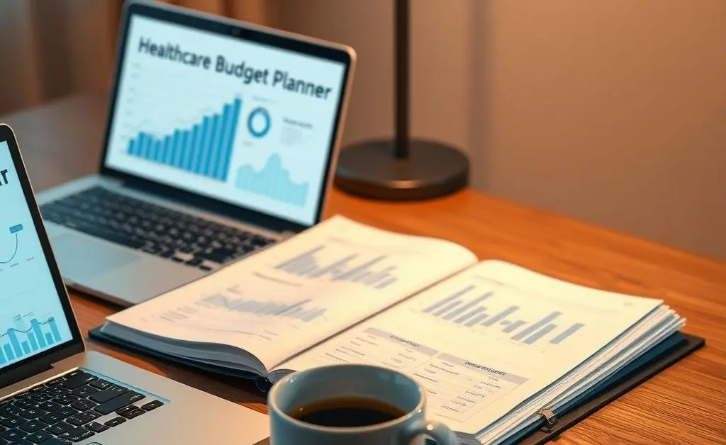 An organized desk with a healthcare budget planner, a laptop, and a steaming cup of coffee.