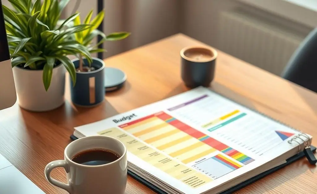 A desk with a colorful, organized budget planner next to a cup of coffee and a plant.
