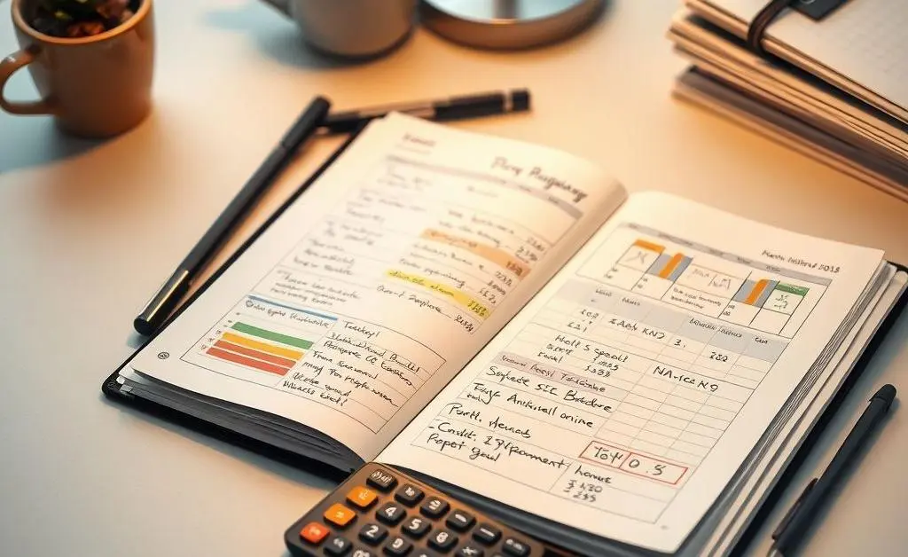 An organized desk with a budget planner