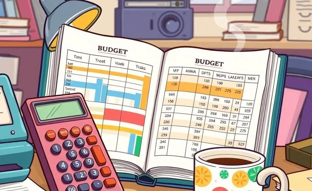 A cartoon illustration of a desk with a budget planner, calculator, and coffee mug
