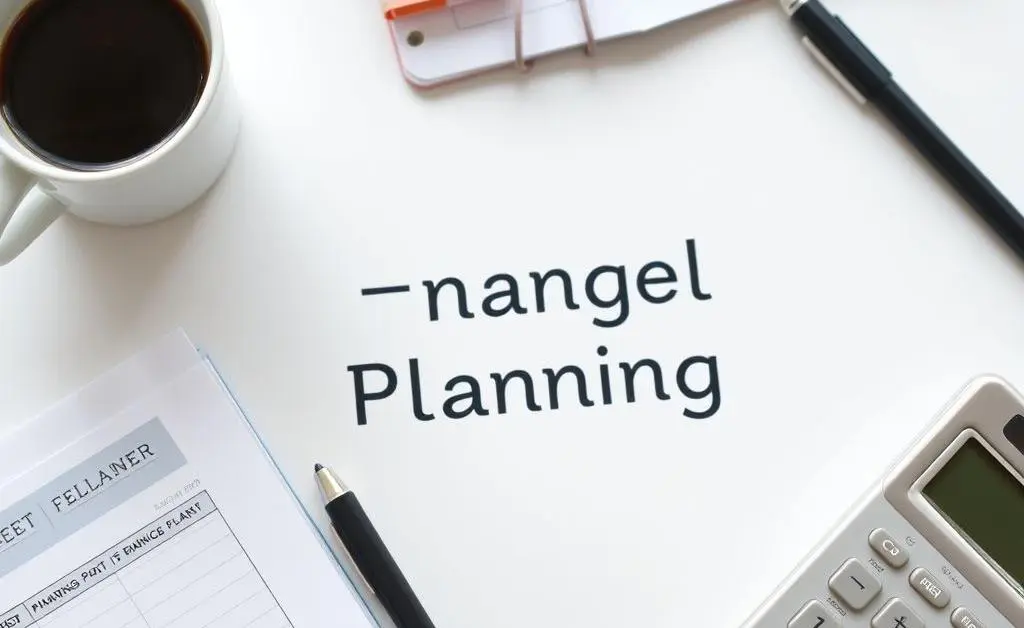 A desk with a budget planner, coffee, and a calculator, focusing on financial planning.
